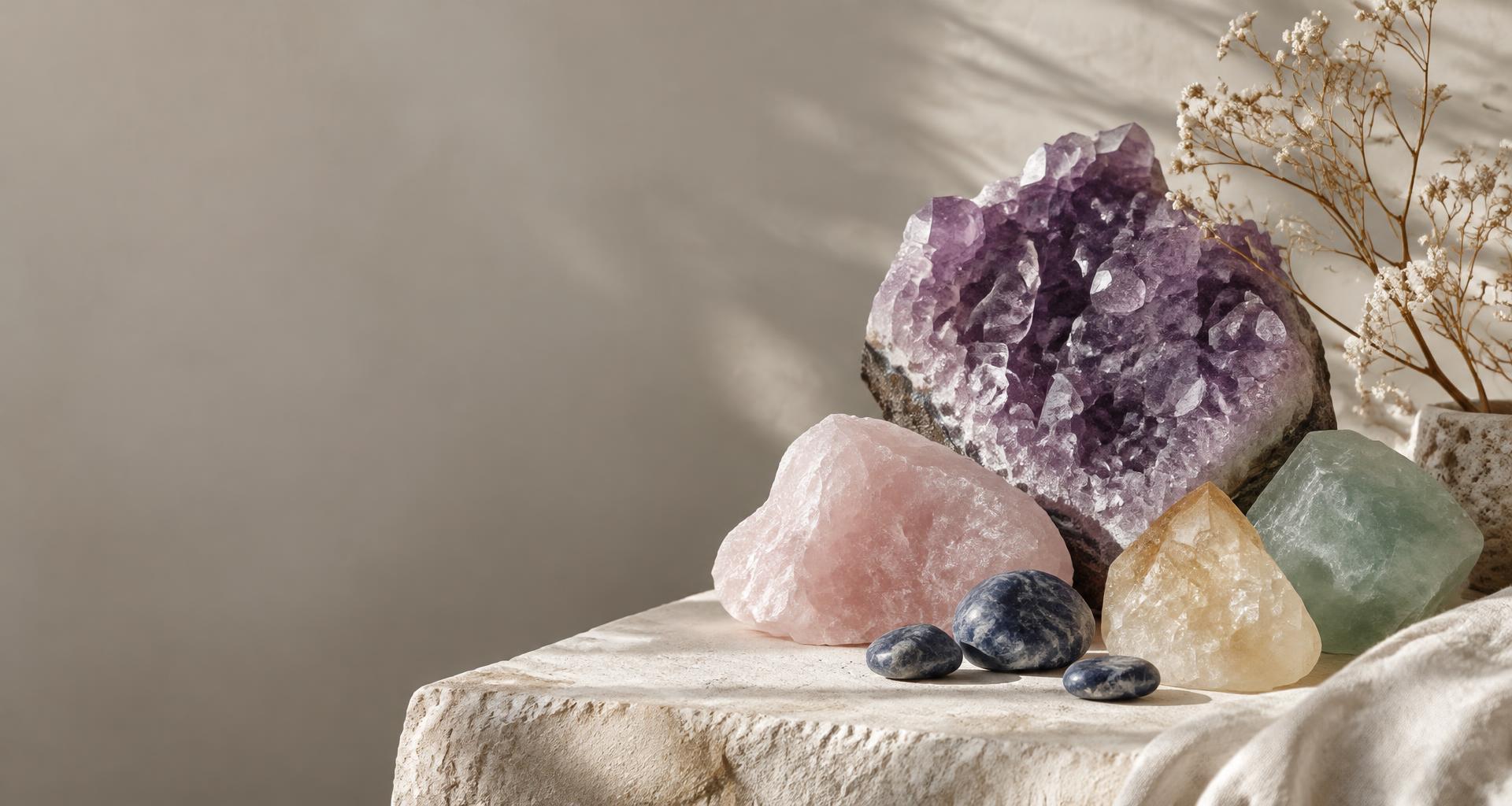 Amethyst, rose quartz, citrine, fluorite and sodalite in natural sunlight